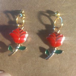 faux gold metal rose red floral earrings fishhook dangle earrings roses
